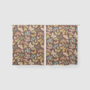 Folk Art Moths Butterflies Pink Blue Brown Sheer Curtains
