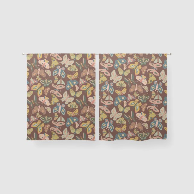 Folk Art Moths Butterflies Pink Blue Brown Sheer Curtains (Pair)