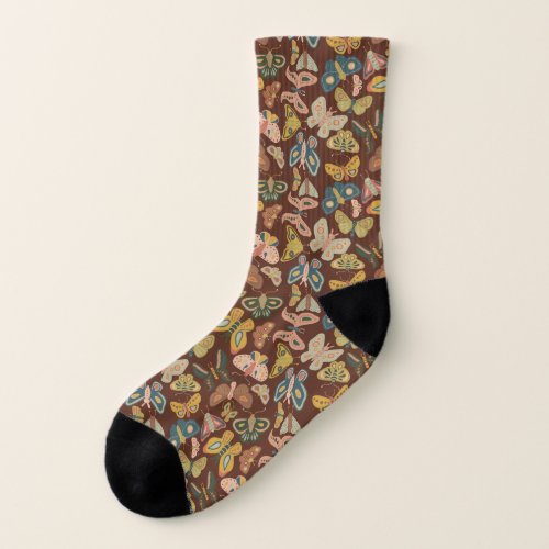 Folk Art Moths Butterflies Pink Blue Brown Socks