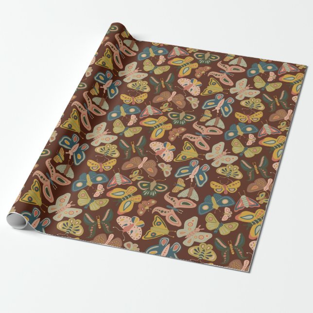 Folk Art Moths Butterflies Pink Blue Brown Wrapping Paper (Unrolled)