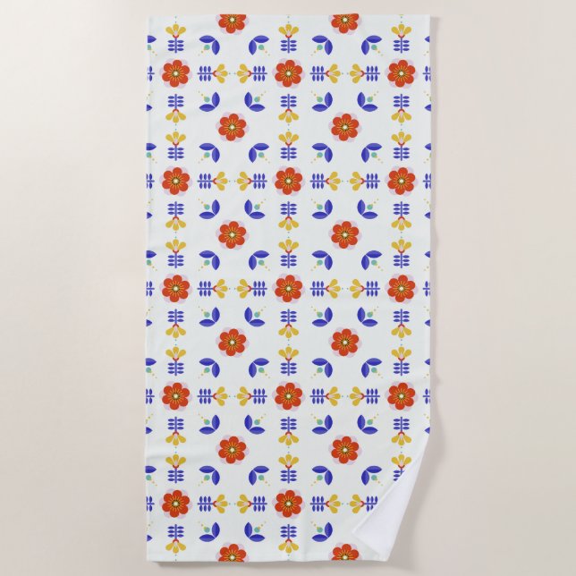 Folk Art Neon Flower Geometric Pattern Beach Towel (Front)