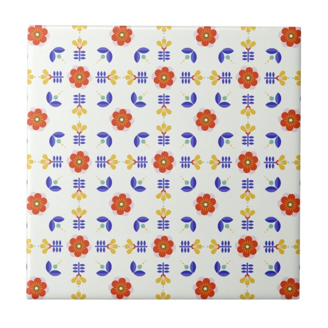 Folk Art Neon Flower Geometric Pattern Ceramic Tile (Front)