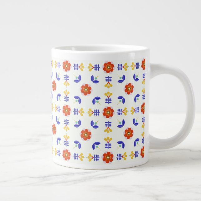 Folk Art Neon Flower Geometric Pattern Giant Coffee Mug (Right)