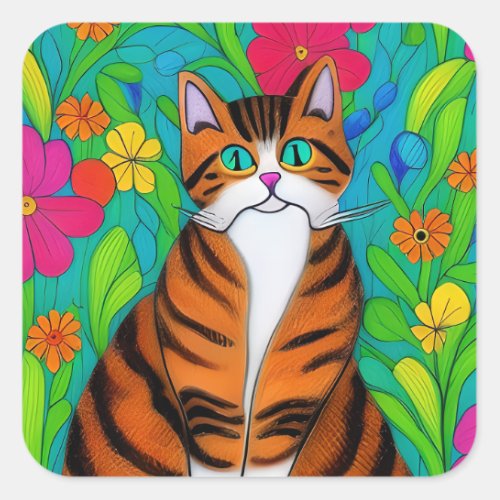 Folk Art Orange Cat and Flowers Square Sticker