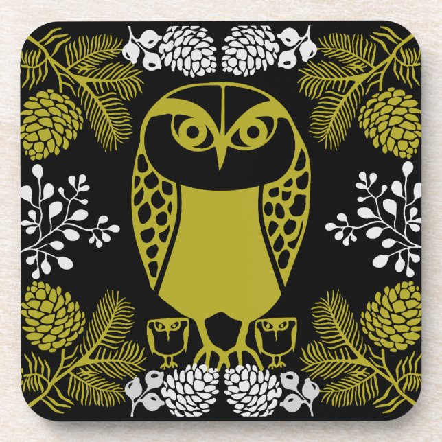 Folk Art Owl Prints Beverage Coaster (Front)