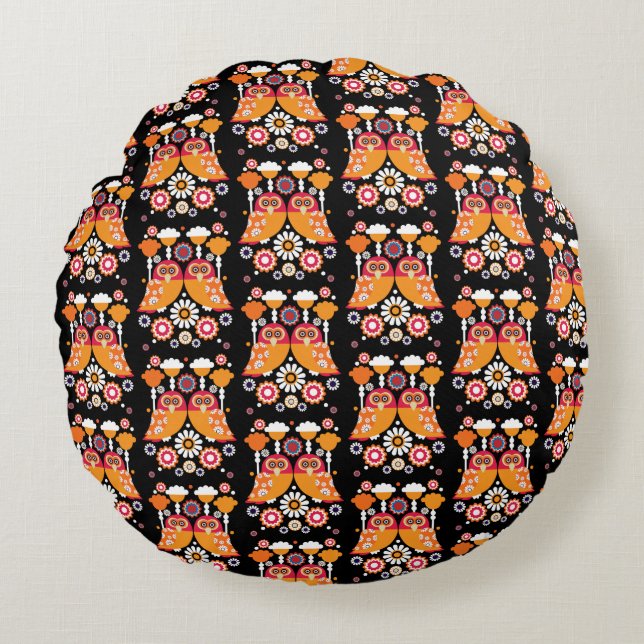 Folk Art Owl Round Pillow (Front)