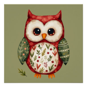 Folk Art Owl Woodland Cottagecore Design Poster