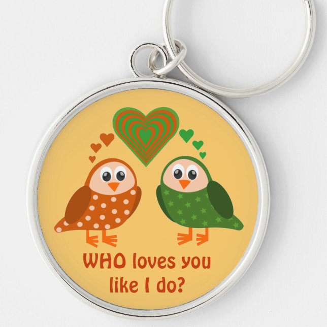 Folk Art Owls Couple WHO Loves You Keychain (Front)