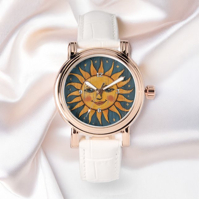 Folk Art Painted Sun Face On Wood Planks Ladies Watch (Creator Uploaded)