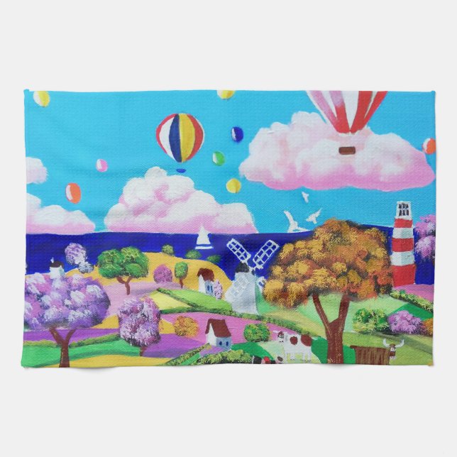 Folk art painting - happy seaside kitchen towel (Horizontal)