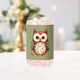 Folk Art Patchwork Owl Cottagecore Can Glass