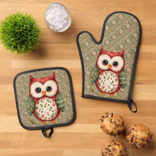 Folk Art Patchwork Owl Cottagecore Oven Mitt & Pot Holder Set