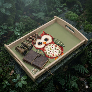 Folk Art Patchwork Owl Cottagecore Serving Tray