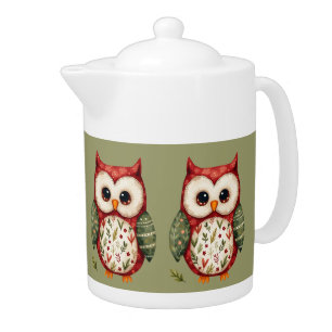 Folk Art Patchwork Owl Cottagecore Teapot