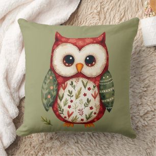 Folk Art Patchwork Owl Cottagecore Throw Pillow