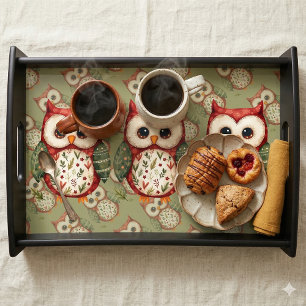 Folk Art Patchwork Owl Cottagecore Trio Serving Tray