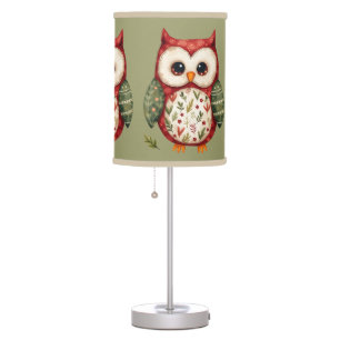 Folk Art Patchwork Owl Cottagecore Woodland Table Lamp