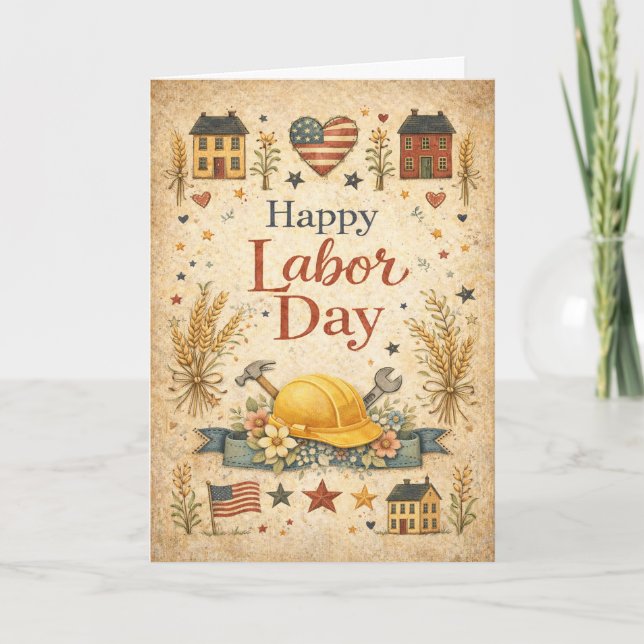Folk Art Patriotic Happy Labor Day Card (Front)