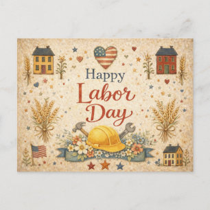 Folk Art Patriotic Happy Labor Day Holiday Postcard