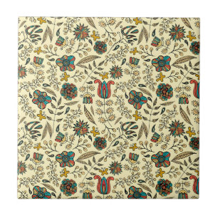 Folk art pattern on pale yellow background ceramic tile