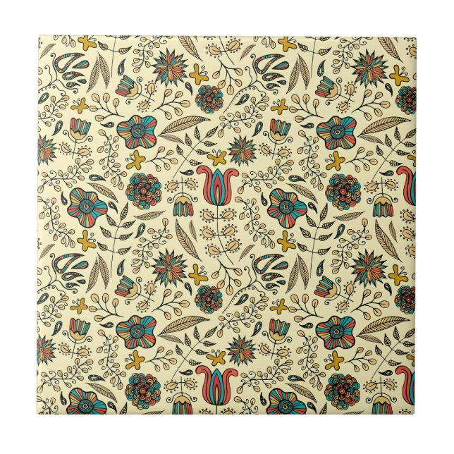 Folk art pattern on pale yellow background ceramic tile (Front)