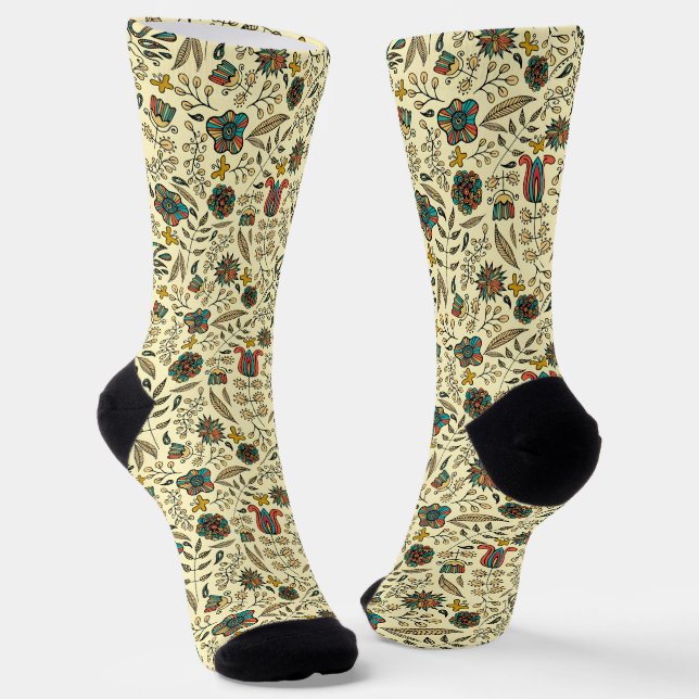 Folk art pattern on pale yellow background socks (Angled)