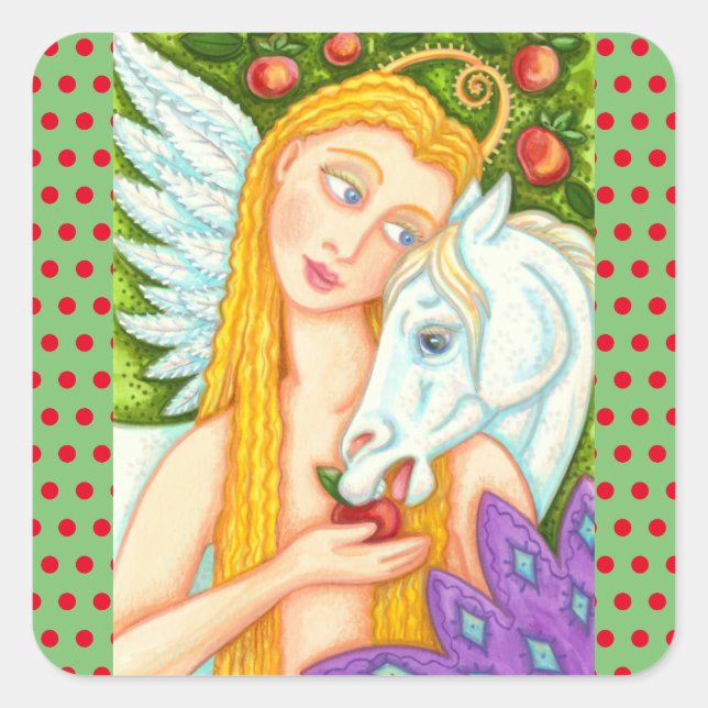 FOLK ART PEGASUS AND EVE IN GARDEN OF EDEN, HORSE SQUARE STICKER (Front)