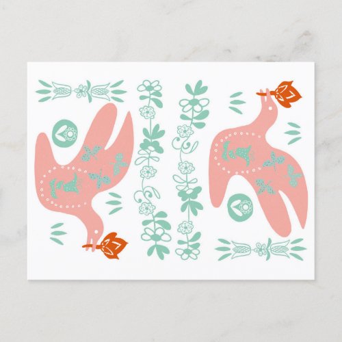 folk art pigeons with lottery flowers and plants postcard