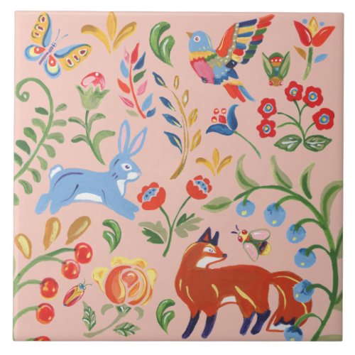 Folk Art Pink Animal Woodland Floral Fox Rabbit Ceramic Tile