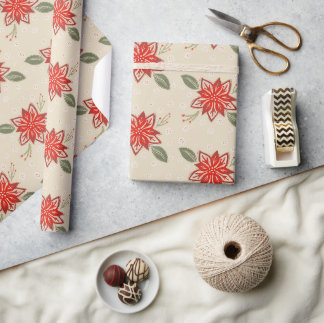 Folk Art Poinsettia Rustic Christmas Winter Floral Wrapping Paper