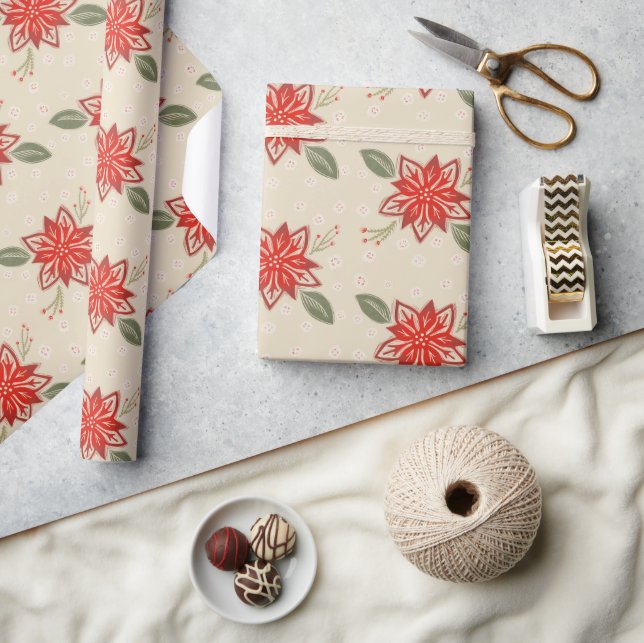 Folk Art Poinsettia Rustic Christmas Winter Floral Wrapping Paper (Crafts)