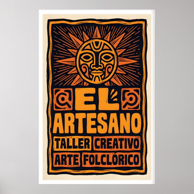 Folk Art Poster Sun Face Bold Block Print in (Front)