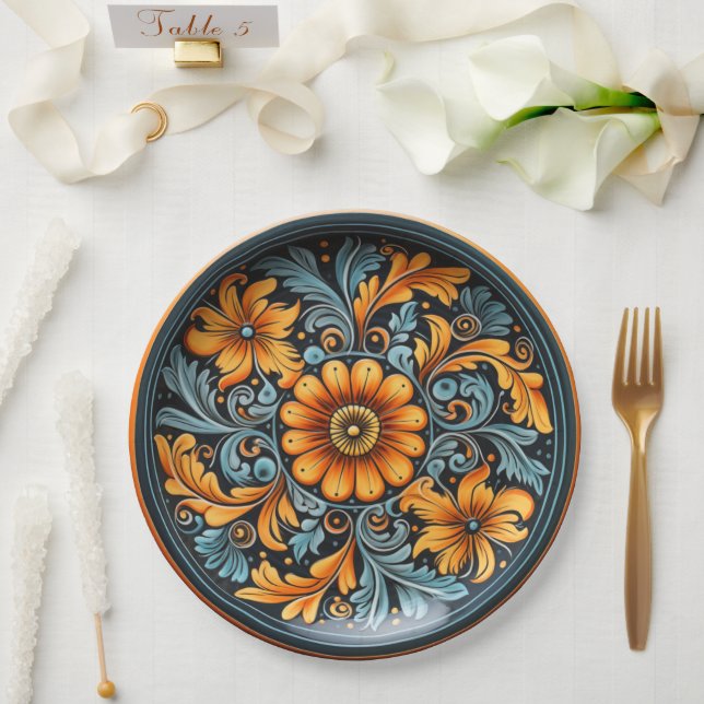 Folk Art Pottery Inspired Yellow, Rust, Navy Paper Plates (Wedding)
