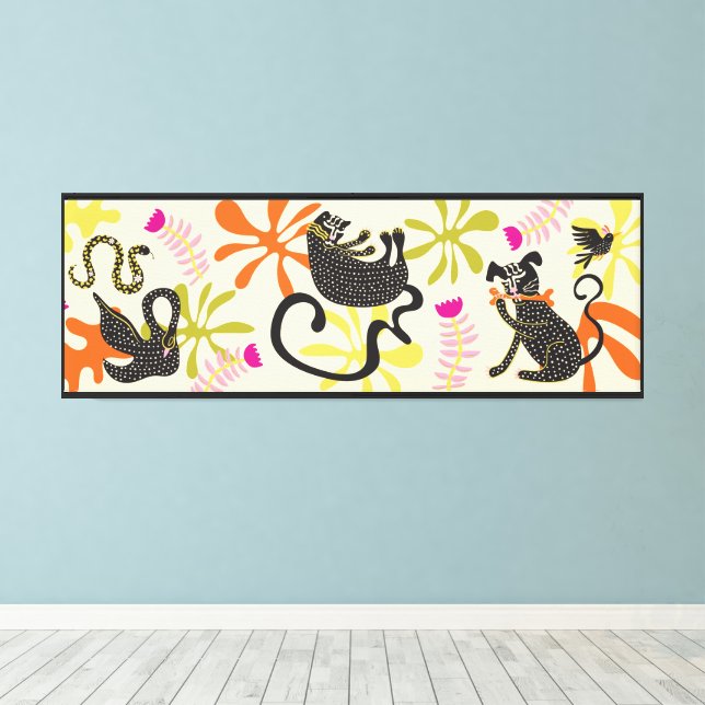 Folk art primitive abstract dog cat swan snake canvas print (Insitu(Wood Floor))