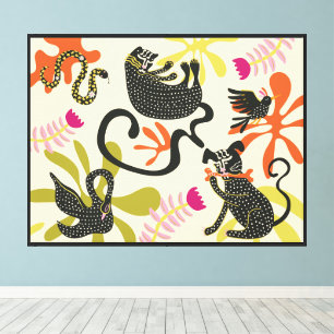 Folk art primitive abstract dog cat swan snake canvas print