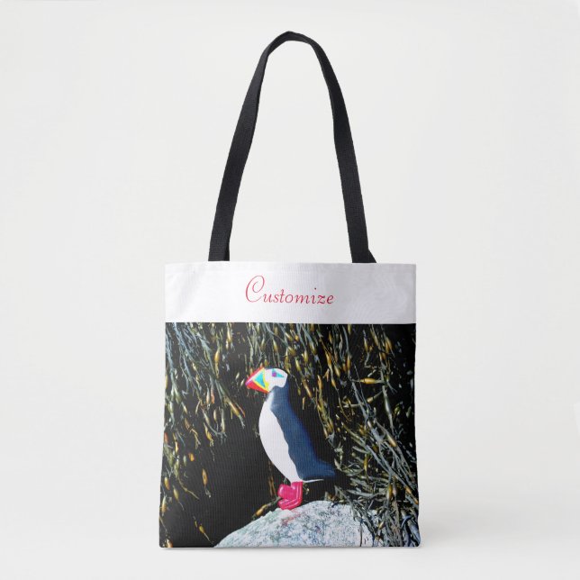 folk art puffin on rock tote bag (Front)