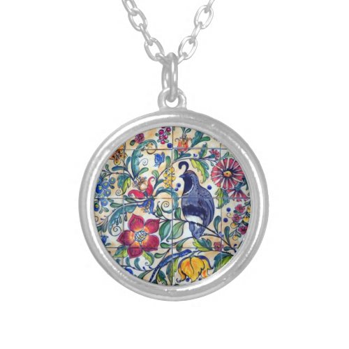 Folk Art Quail Lizard Floral Colorful Southwest  Silver Plated Necklace