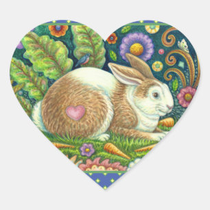 FOLK ART RABBIT & BLUEBIRD IN SECRET GARDEN HEART STICKER