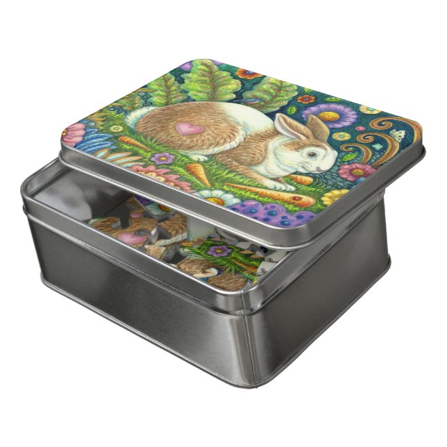 FOLK ART RABBIT & BLUEBIRD IN SECRET GARDEN JIGSAW PUZZLE (Lid Open)