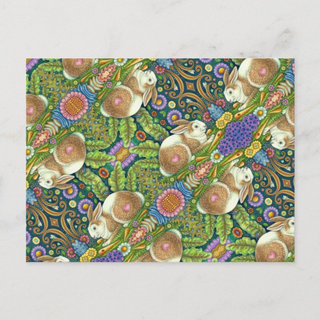 FOLK ART RABBIT & BLUEBIRD IN SECRET GARDEN POSTCARD (Front)