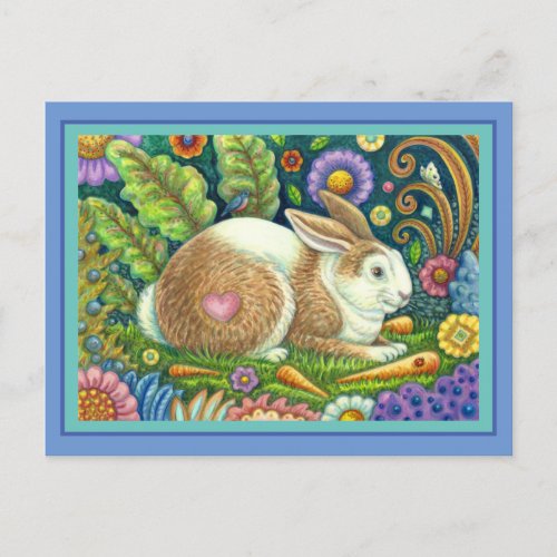 FOLK ART RABBIT  BLUEBIRD IN SECRET GARDEN POSTCARD