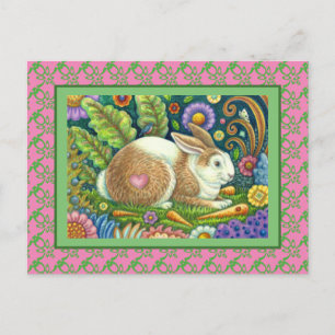 FOLK ART RABBIT & BLUEBIRD IN SECRET GARDEN POSTCARD