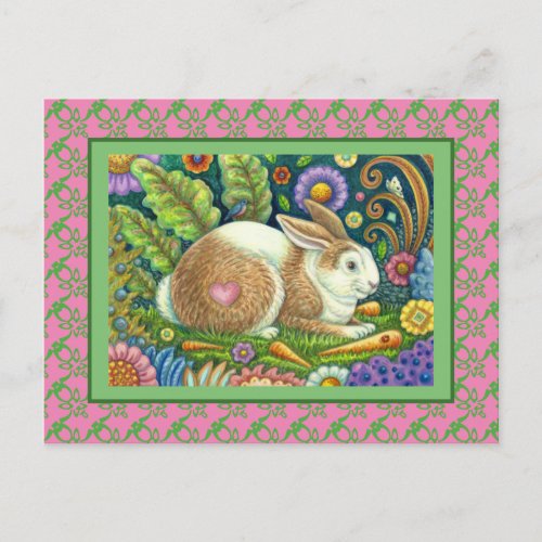 FOLK ART RABBIT & BLUEBIRD IN SECRET GARDEN POSTCARD