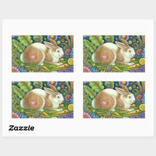 FOLK ART RABBIT & BLUEBIRD IN SECRET GARDEN RECTANGULAR STICKER