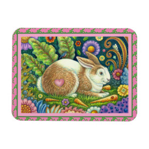 FOLK ART RABBIT, BLUEBIRD, WHIMSICAL SECRET GARDEN MAGNET