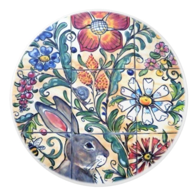 Folk Art Rabbit Floral Tile Colorful Southwest   Ceramic Knob (Front)