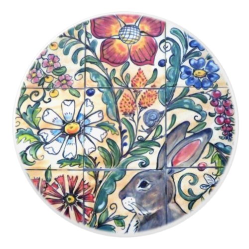 Folk Art Rabbit Floral Tile Colorful Southwest Ceramic Knob