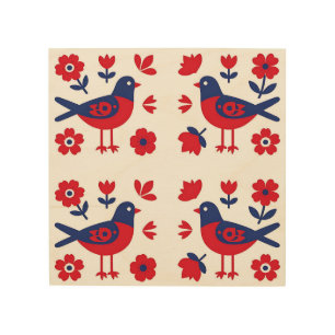 Folk Art Red Blue Bird Floral Pattern