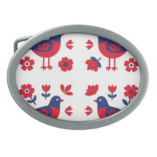 Folk Art Red Blue Bird Floral Pattern Belt Buckle