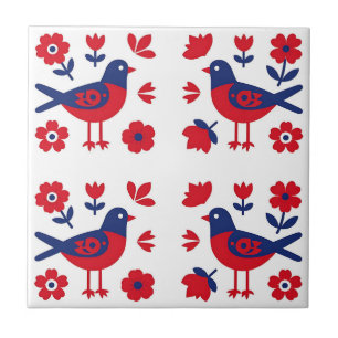 Folk Art Red Blue Bird Floral Pattern Ceramic Tile